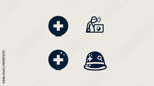 Collection of flat design illustrations, icons featuring plus signs, medical, and industrial themes