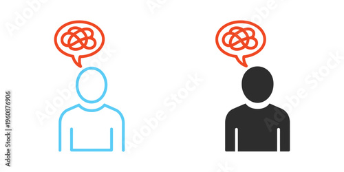 Mental disorder icon suitable design in silhouette and line art style on white background, representing psychological illness, emotional distress and mental health awareness concept.