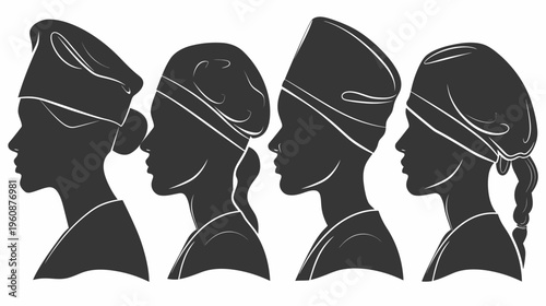 Silhouettes of chefs in side profile wearing chef hats of varying styles, monochrome, minimal