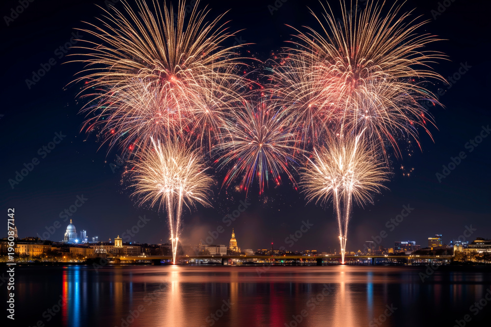 Fototapeta premium Vibrant New Year fireworks illuminating the midnight sky above a serene urban riverside, capturing the essence of global celebration and joyous beginnings