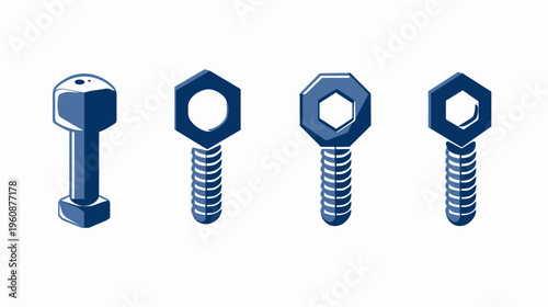 Four stylized blue hardware elements, bolts and nuts, with various head shapes and threaded shafts, on white
