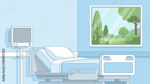 Empty Hospital Room with Serene Nature View for Patient Recovery