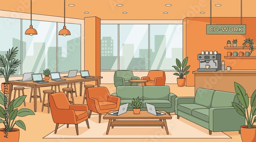 Inviting Modern Co-working Office Interior with Lounge and Work Zones