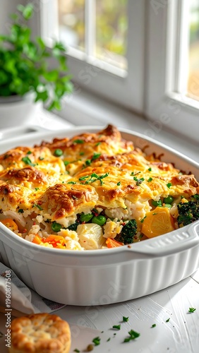 A white baking dish containing a savory casserole