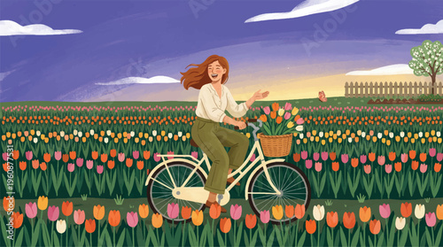 Spring Cycling Woman Riding Bicycle Through Colorful Tulip Field in Netherlands, Gouache Texture Flat Vector Illustration