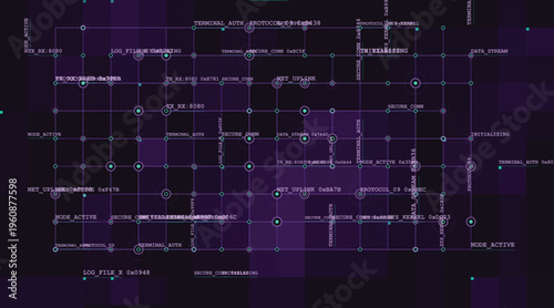 Digital UI dashboard element layout. Purple abstract cyberspace grid network. Futuristic glowing node background. Creative EPS vector technology poster graphic illustration. 