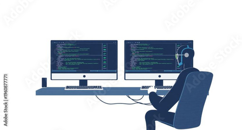 A businessman working on a digital laptop at a desk in an office room utilizes modern technology and internet network equipment to manage his professional work on a high-resolution display screen