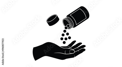 Pills pouring from bottle into hand, illustrating medication dosage, prescription handling and drug administration for healthcare and medical applications.