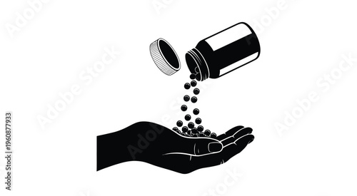 Pills pouring from bottle into hand, illustrating medication dosage, prescription handling and drug administration for healthcare and medical applications.