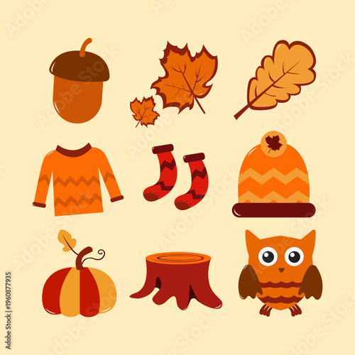 Autumn Elements Collection with Owl and Cozy Clothes