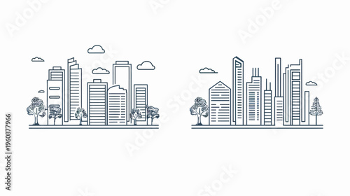 Stylized, monochromatic illustrations of urban landscapes with buildings, trees, and clouds