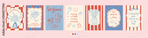 Spring fun girly poster set. Whimsical collection of wall art prints dopamine decor. Bright summer line art illustrations. Soft girl stylish vector. Perfect for 8 march, galentine, birthday card