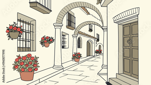 Andalusian Street Arches Flower Pots Flat Vector