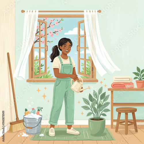 Spring Cleaning Woman Watering Houseplant in Bright Room with Open Window and Cherry Blossom View, Vector Illustration