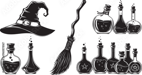 Magical witchcraft items for spellcasting and potions illustration set