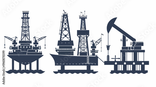 Silhouetted illustration of oil rigs at sea, featuring platforms, drilling towers, and a pumpjack