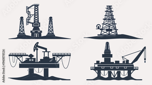 Silhouetted illustrations of four distinct oil drilling platforms, showcasing various designs
