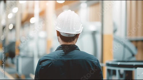 engineer wearing safety helmet standing in modern factory with soft white lighting minimal clean background large copy space 
