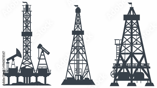 Silhouettes of petroleum extraction equipment, including drilling rigs and pump jacks, in a monochrome style