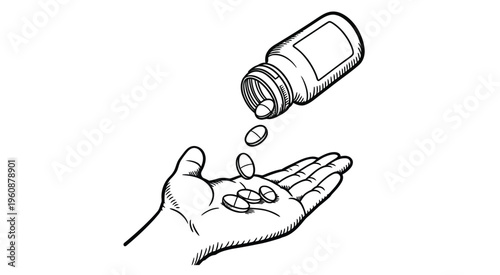 Pills pouring from bottle into open hand line art, illustrating medication dosage, prescription use and drug administration for medical applications.