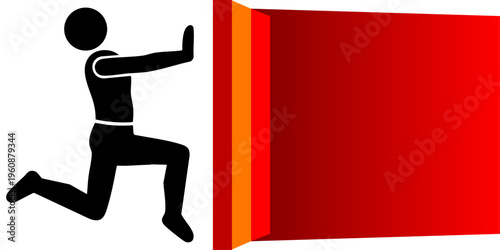 Minimalist Vector Silhouette of a Man Pushing a Large Red Wall Representing Business Obstacles Strength Determination and Problem Solving Concepts Isolated on White Background