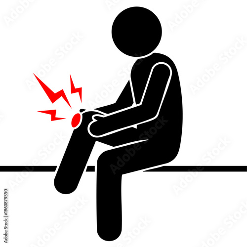 Minimalist Vector Illustration of a Stick Figure Sitting and Holding a Painful Knee with Red Flash Symbols Representing Joint Injury Inflammation or Arthritis Health Problem Concept