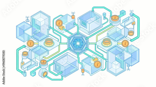 A futuristic network of interconnected blocks and circuits.