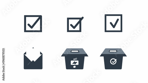 Collection of various simple icons, including checkmarks, envelope, and bins, on a white background