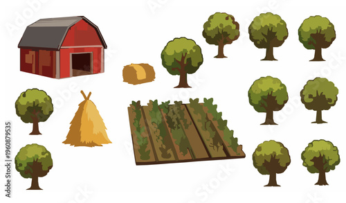 Night farm game background elements with barn garden and fruit trees vector set