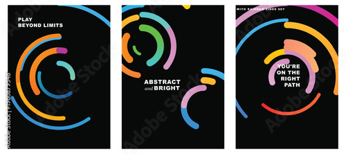 Colorful dashed concentric circles on dark backgrounds. Abstract minimalist EPS vector layouts for modern poster designs. Graphic geometric ring elements. Flat retro artwork. 