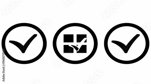 Three circular symbols with a checkmark in them. One checkmark inside a grid. Vector graphics
