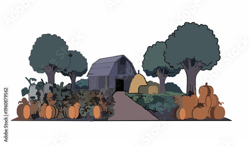 Night farm scene vector with barn haystack pumpkins and fruit trees cartoon illustration