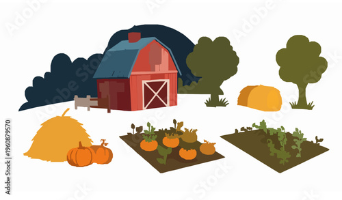 Night harvest farm vector with pumpkins apples pears and barn cartoon illustration