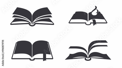 Four stylized illustrations of open books, presented in a grayscale, clean and simple design