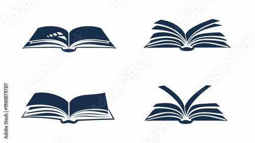 Four stylized depictions of open books in various poses. Dark blue on white, illustrating reading