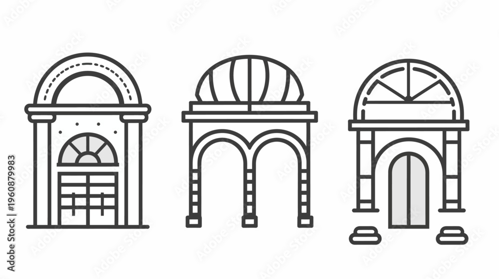 Fototapeta premium Three minimalist black and white architectural illustrations of different building facades