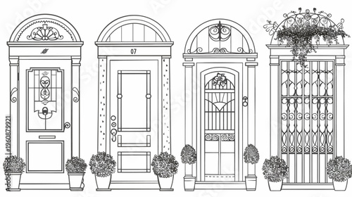 Four stylized doors with intricate details and potted plants, in black and white