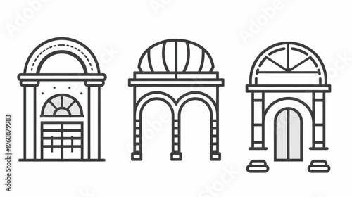 Three minimalist black and white architectural illustrations of different building facades