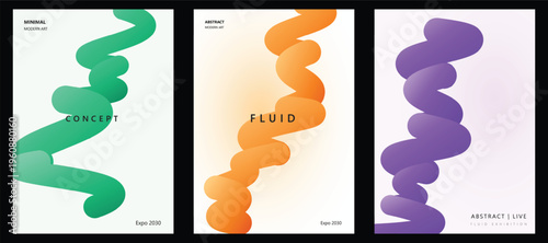 Abstract fluid poster templates display green, orange, and purple 3D wavy tubes. Smooth gradients define this vector illustration set perfect for modern creative branding and book layouts.