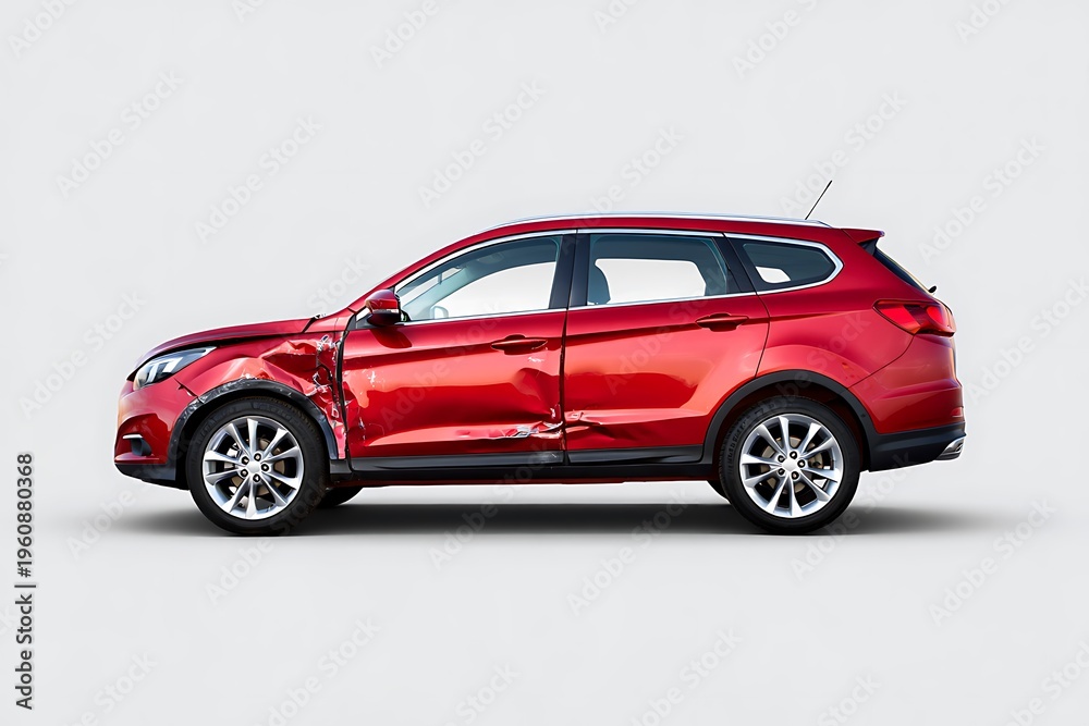 Fototapeta premium Red car with damaged side parked on gray background