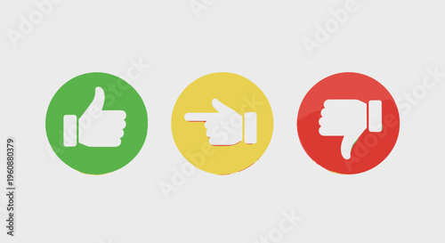 Social media feedback icons green thumbs up, yellow pointing finger, and red thumbs down. Simple vector graphics representing approval, direction, and disapproval