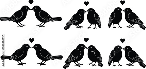 Romantic birds silhouettes set with kissing pairs and love hearts, cute couple animals isolated on white background for Valentine design