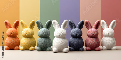 Colorful decorative bunnies in various pastel shades arranged in a row against a backdrop of vertical color stripes in soft hues