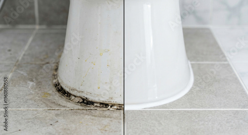 Dirty toilet base with mold compared to sparkling clean floor.