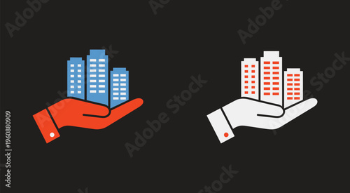 Real estate hands protection vector icon set blue modern style, minimalist flat design with glyph and solid icons for property security, housing and real estate protection concept.