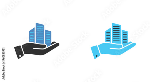 Real estate hands protection vector icon set blue modern style, minimalist flat design with glyph and solid icons for property security, housing and real estate protection concept.