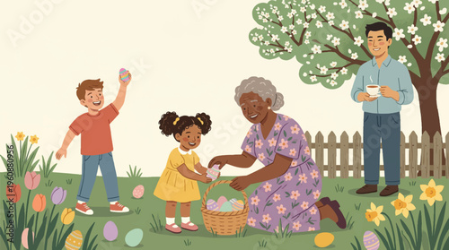 Easter Family Celebration Diverse Multigenerational Characters Easter Egg Hunt in Spring Garden, Flat Vector Illustration