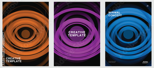 Abstract circle cover design templates reveal glowing concentric 3D ripples against black backgrounds. This vibrant vector graphic set is ideal for creative tech posters or music flyers. 