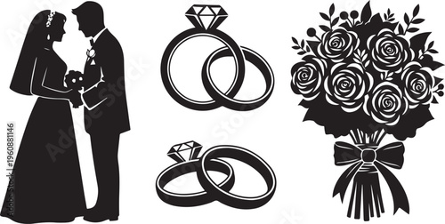 Wedding couple silhouette with rings and bouquet of roses