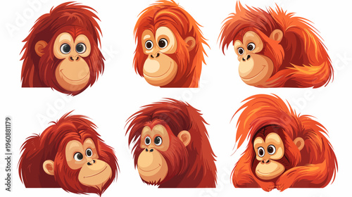 Six cartoon illustrations of orangutan faces with varied expressions and poses, each isolated